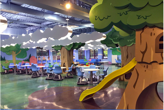 Photo of the inside of my classroom space.  A large tree house and slide dominate the room. Lots of flexible seating available.