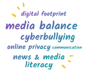 Graphic of CommonSenseMedia.org's six core topics: digital footprint, media balance, cyberbullying, online privacy, communication, news & media literach