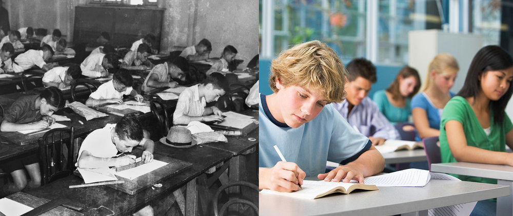 side-by-side photo of old classroom with new classroom.  Students in new classroom are in a similar setup as an old classroom.