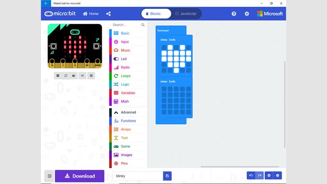 Screen shot of Microsoft Makecode coding a Micro:bit blinking heart.