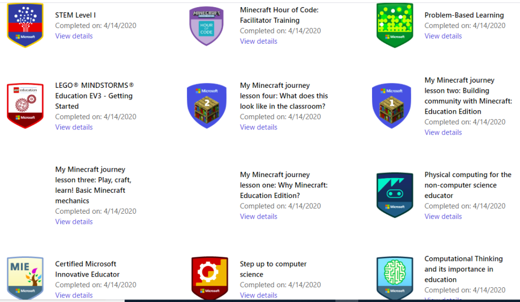 Screen shot of twelve badges earned during the Microsoft Innovative Educator journey.